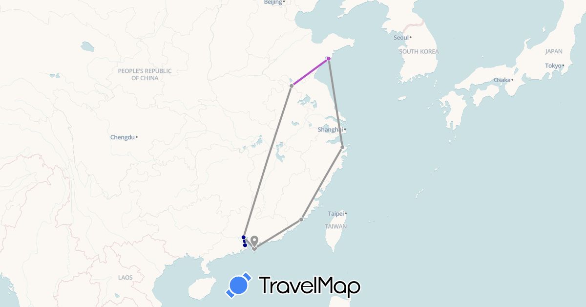 TravelMap itinerary: driving, plane, train in China, Hong Kong (Asia)